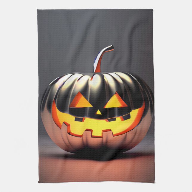 Shiny Pumpkin Halloween Tea Towel (Vertical)