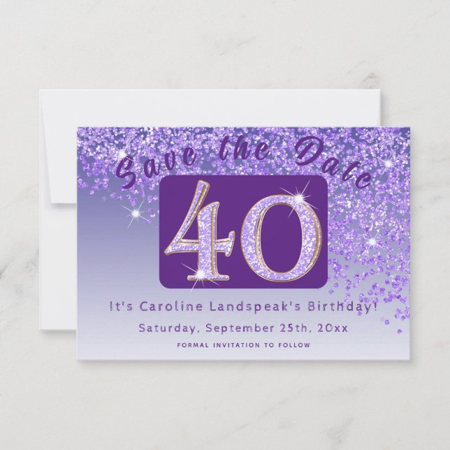 Shiny Purple Glitter for 40th Birthday  Save The Date (Front)
