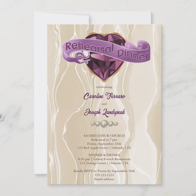 Shiny Purple Heart Gem & Silk Rehearsal Dinner Invitation (Front)
