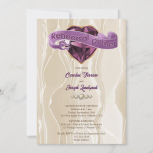 Shiny Purple Heart Gem & Silk Rehearsal Dinner Invitation