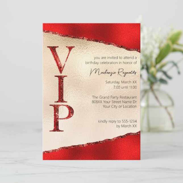 Shiny Red and Gold Glamourous VIP Party Invitation (Standing Front)