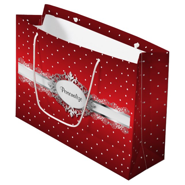 Shiny Red and White Polka Dots Large Gift Bag (Front Angled)