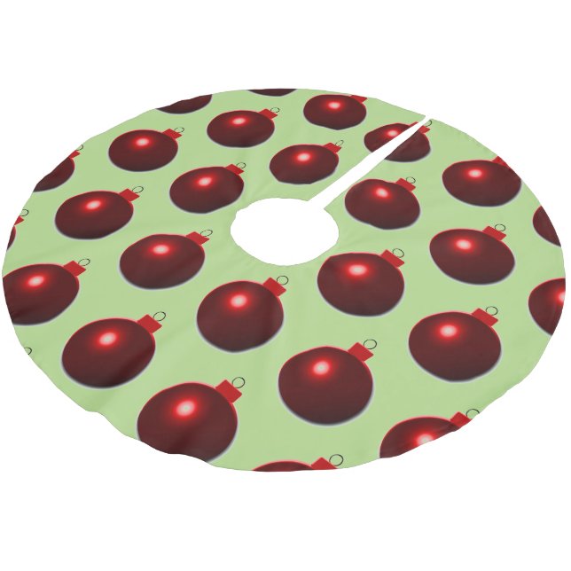 Shiny Red Ball Merry Christmas Ornaments on Green Brushed Polyester Tree Skirt (Angled)
