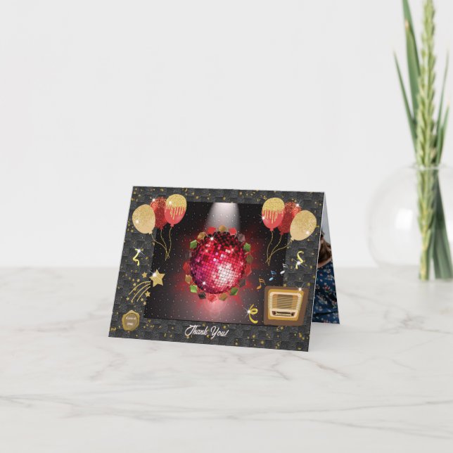 Shiny Red Disco Ball & Graduate Caps Photo Thank You Card (Front)