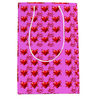 Shiny Red Hearts and Love Script Romantic Pink Wra Medium Gift Bag