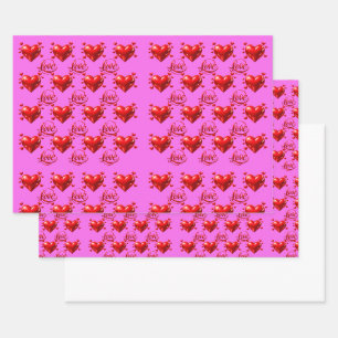 Shiny Red Hearts and Love Script Romantic Pink Wra Wrapping Paper Sheet