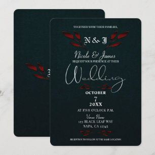 Shiny Red Leaves Black Modern Glam Gothic Wedding Invitation
