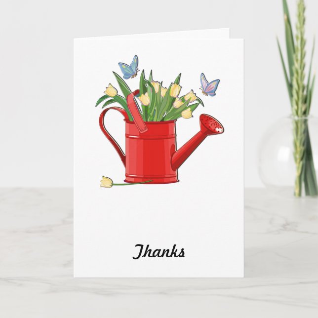 Shiny Red Watering Can with Yellow Tulips Thank You Card (Front)