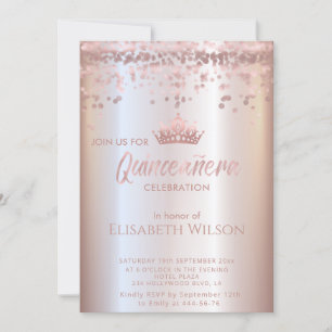 Shiny rose gold confetti tiara Quinceañera Invita Invitation