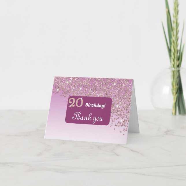 Shiny Rose Gold Glitter, 20th Birthday Thank You Card (Front)