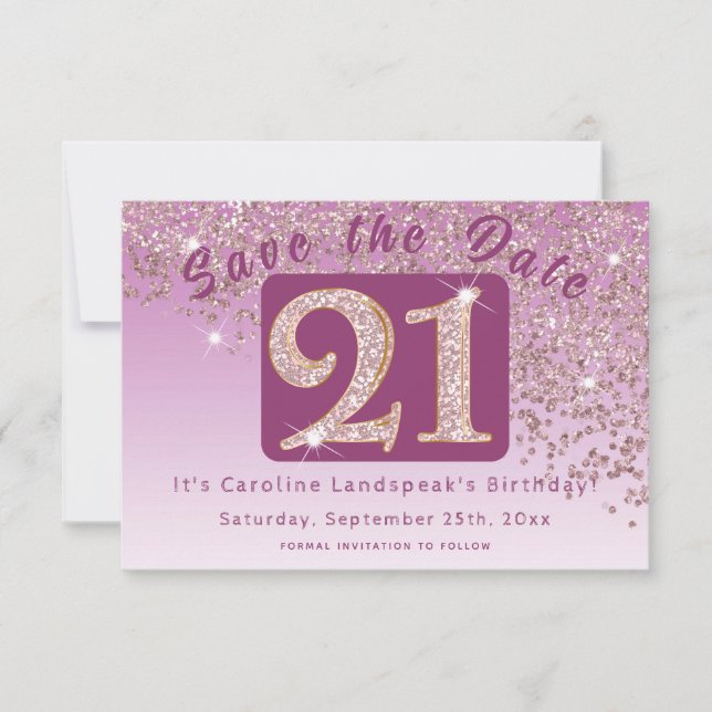 Shiny Rose Gold Glitter for 21st Birthday  Save The Date (Front)