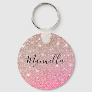 Shiny Rose Gold Pink Glitter Custom Name Monogram Key Ring