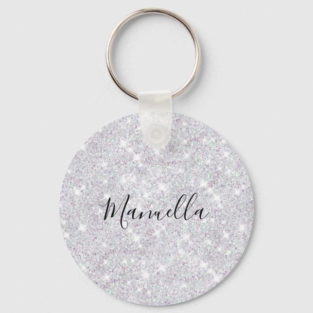 Shiny Rose Gold Silver Glitter Custom Monogram Key Ring (Front)