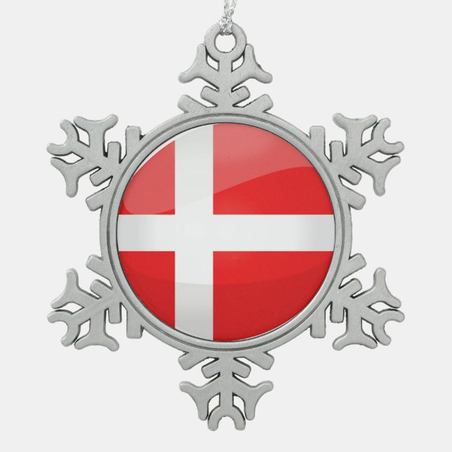 Shiny Round Denmark Flag Snowflake Pewter Christmas Ornament (Front)