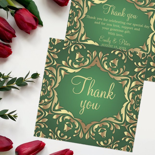 Shiny Royal Faux Gold Ornaments On Emerald Green Thank You Card (Creator Uploaded)