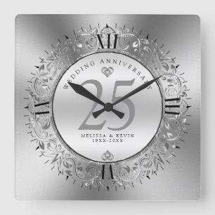 Shiny Silve Swirls Circle 25th wedding Square Wall Clock