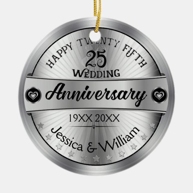 Shiny Silver 25th Wedding Anniversary Ceramic Tree Decoration (Front)