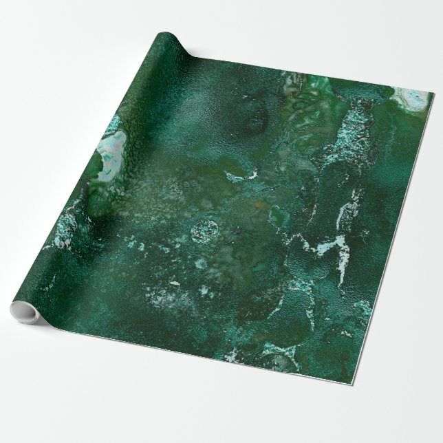 Shiny Silver and Green Malachite Emerald Marble Wrapping Paper (Unrolled)