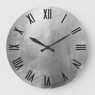 Shiny Silver Faux Foil Black Roman Numerals Large Clock