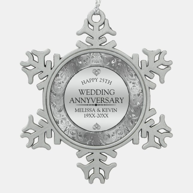Shiny Silver Floral Frame 25th Wedding Anniversary Snowflake Pewter Christmas Ornament (Front)