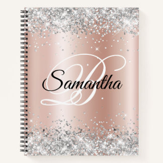 Shiny Silver Glitter Pale Rose Gold Foil Monogram Notebook