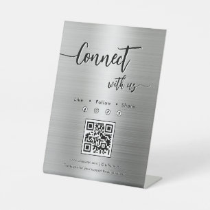 Shiny Silver Metal Social Media Single QR Code Pedestal Sign