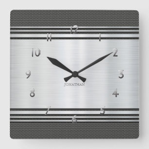 Shiny Silver Modern Geometric Mechanic Custom Square Wall Clock