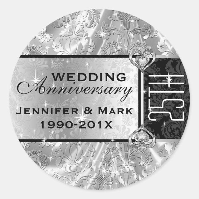 Shiny Silver & Sparkles 25th Wedding Anniversary Classic Round Sticker (Front)