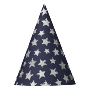Shiny Silver Stars - Blue Background Party Hat