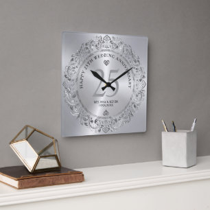 Shiny Silver Swirls Circle 25 Wedding Square Wall Clock