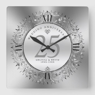 Shiny Silver Swirls Circle Frame 25th wedding Square Wall Clock