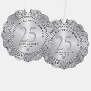 Shiny Silver Swirls Circle Frame 25th wedding Tree Decoration Card