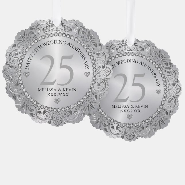 Shiny Silver Swirls Circle Frame 25th wedding Tree Decoration Card (Front/Back)