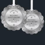 Shiny Silver Swirls Frame 25th wedding Tree Decoration Card<br><div class="desc">Luxury shiny silver swirly circle 25th wedding anniversary. Silver wedding anniversary. Custom black typography.</div>