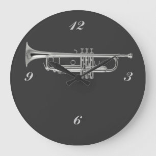 Shiny silver trumpet on charcoal background large clock