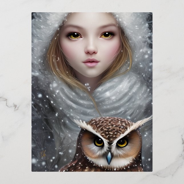 Shiny Smooth Glass Look Girl and Owl Foil Holiday Postcard (Front)