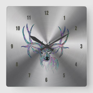 Shiny Stainless Steel & Colourful Deer Illustratio Square Wall Clock