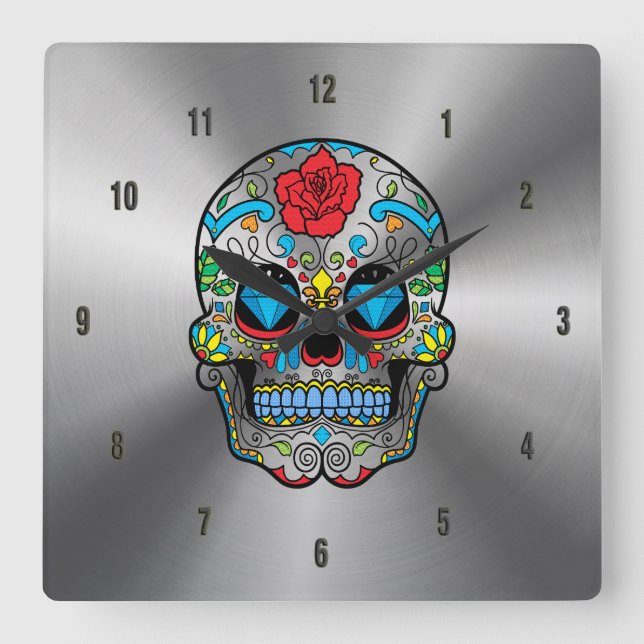 Shiny Stainless Steel & Colourful Floral Skull Square Wall Clock (Front)