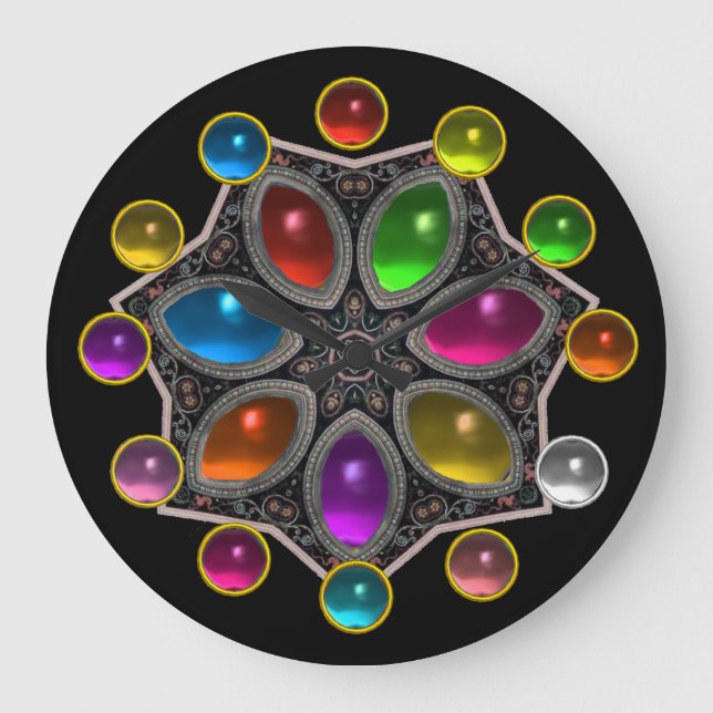 SHINY STAR WITH COLORFUL GEMSTONES ,Black Large Clock (Front)