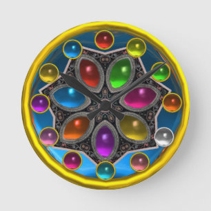 SHINY STAR WITH COLORFUL GEMSTONES Gold Blue Round Clock
