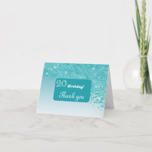 Shiny Teal Blue Glitter, 20th Birthday Thank You Card