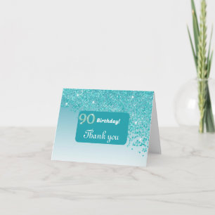Shiny Teal Blue Glitter, 90th Birthday Thank You Card