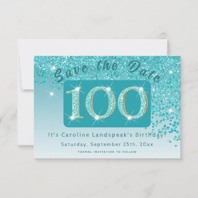 Shiny Teal Blue Glitter for 100th Birthday Save The Date (Front)