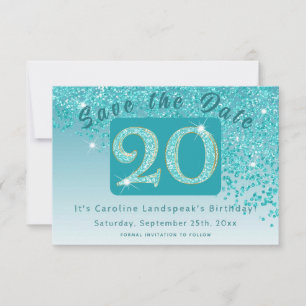 Shiny Teal Blue Glitter for 20th Birthday  Save The Date