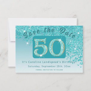 Shiny Teal Blue Glitter for 50th Birthday  Save The Date