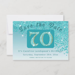 Shiny Teal Blue Glitter for 70th Birthday  Save The Date