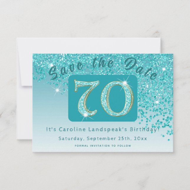 Shiny Teal Blue Glitter for 70th Birthday  Save The Date (Front)