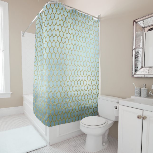 Shiny Teal Gold Glitter Mermaid Scales Shower Curtain (In Situ)