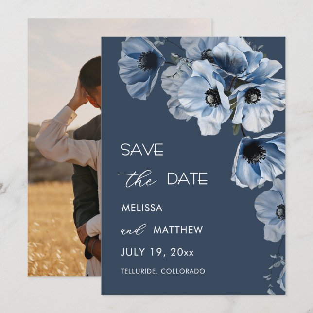 Shiny Transparent Blue Flowers Arched Save The Date (Front/Back)