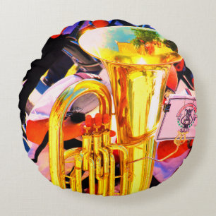 Shiny Tuba Slanted Perspective Brass Band Round Cushion